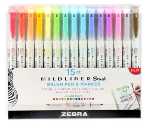 Zestaw dwustronnych pisaków Zebra Mildliner BRUSH Warm, Fluo, Cool & Refined - 15 kolorów